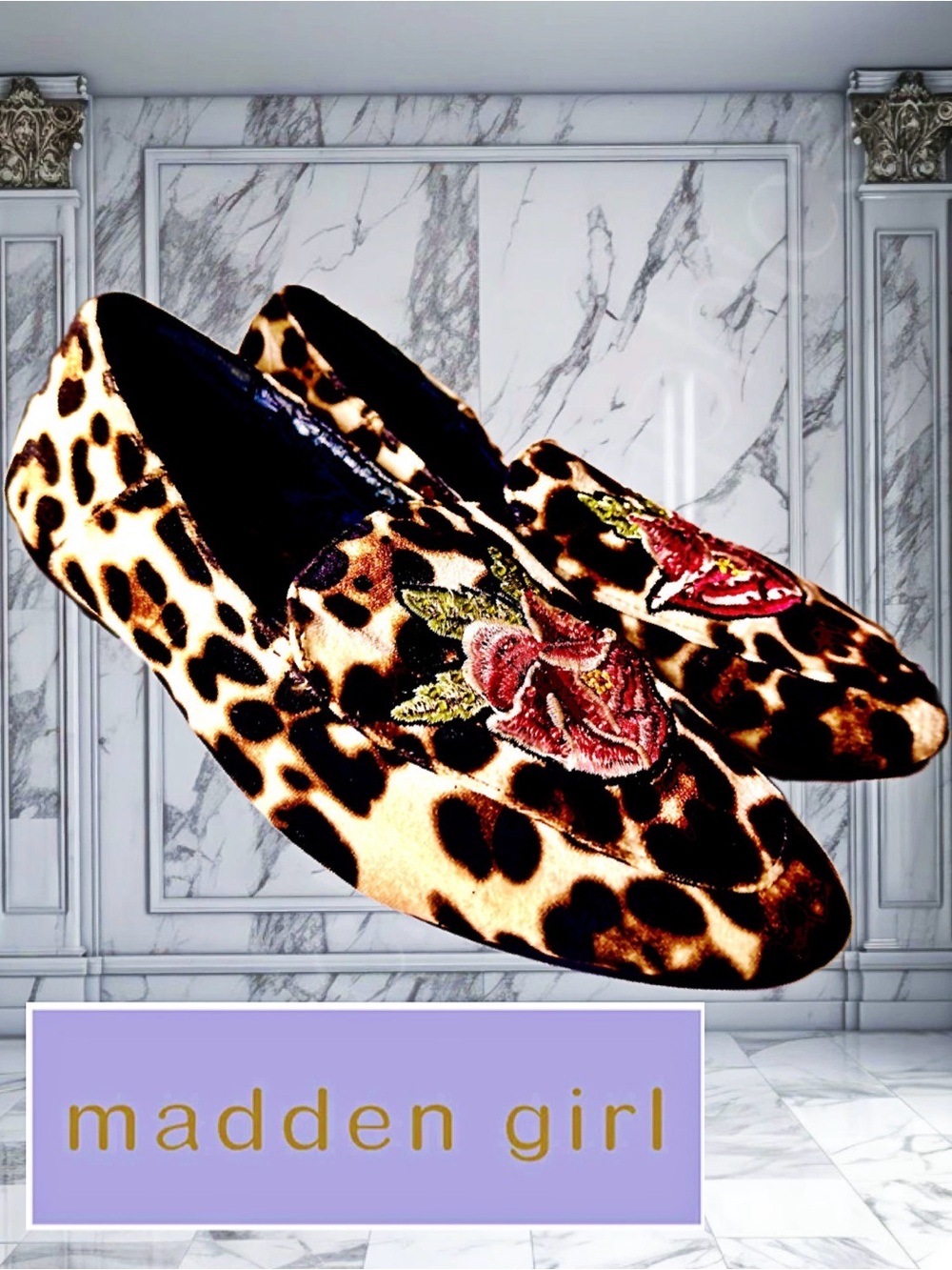 Madden Girl Leopard Velvet Loafers with Red Rose Embroidery